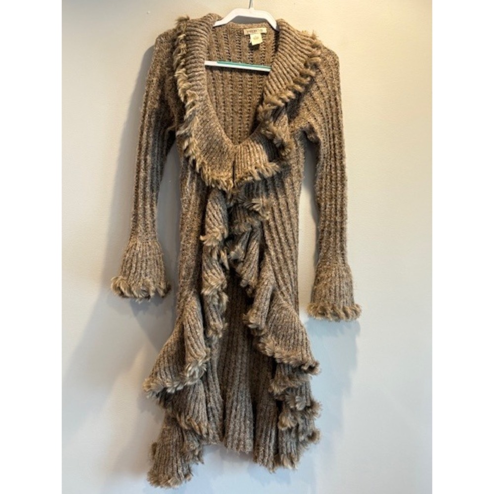 ARDEN B Womens Knit Cardigan Sweater Jacket Fur Trim Ruffle Waterfall M
